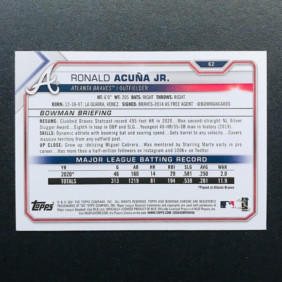 Ronald Acuna Jr. - 2021 Bowman #62 - Picture 2 of 2